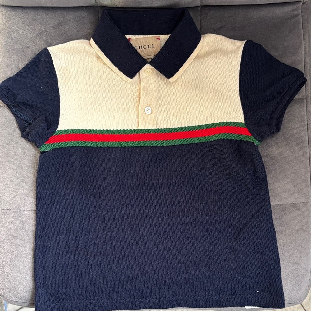 Gucci Kids Polo in Navy and Beige with Stripes